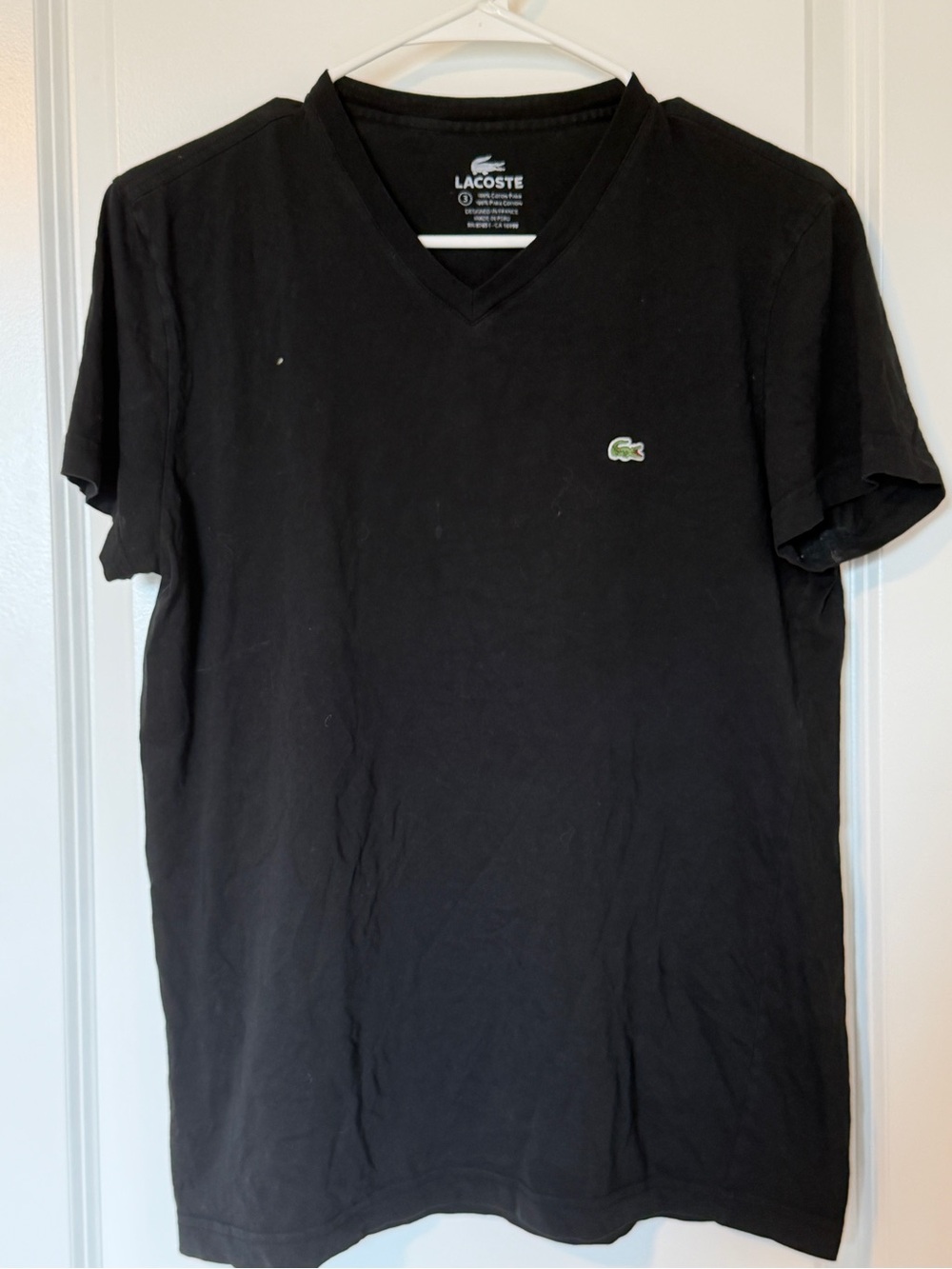 Lacoste Black V-Neck Short Sleeve Tee with Green Crocodile Logo